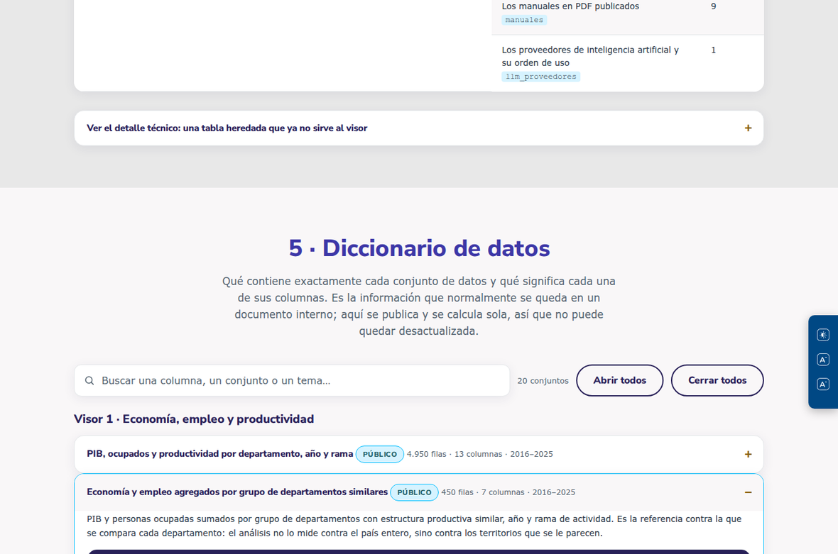 Diccionario de datos: una ficha desplegada con el nombre legible de cada columna, su tipo de dato y la marca de la columna que indica el año.